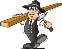 Logo Zimmerer Mann mit Balken und Zimmerer Hammer in Zeichungsfigur