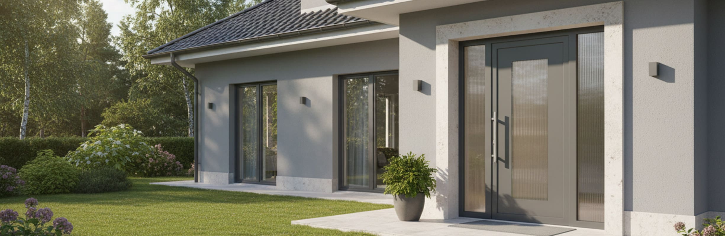 Graue Aluminiumfenster - Blick von außen bei Sonnenlicht