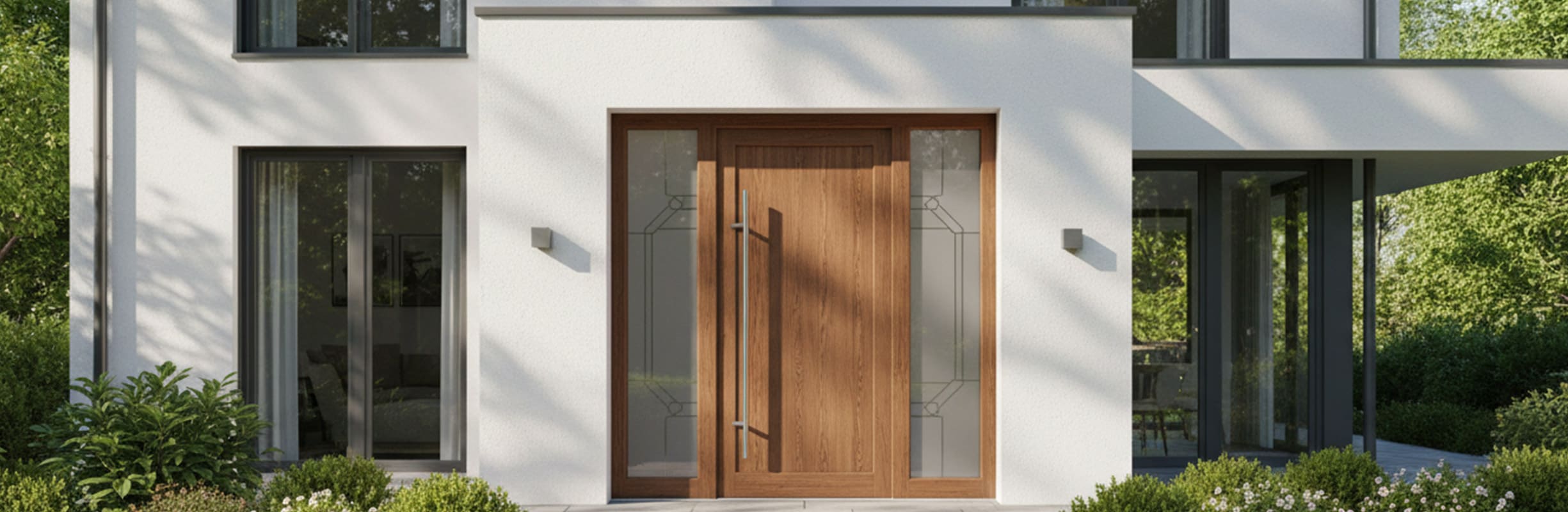 Graue Aluminiumfenster - Blick von außen bei Sonnenlicht