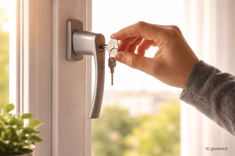 Einbruchschutz Fenster wird mit einem Schlüüsel am Griff abgesperrt - KI generiert