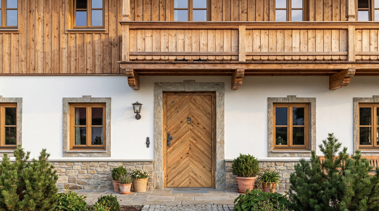 Abb. moderne Holzhaustüre in helbraun in Fischgrät in einem Bauern-Einfamilienhaus.