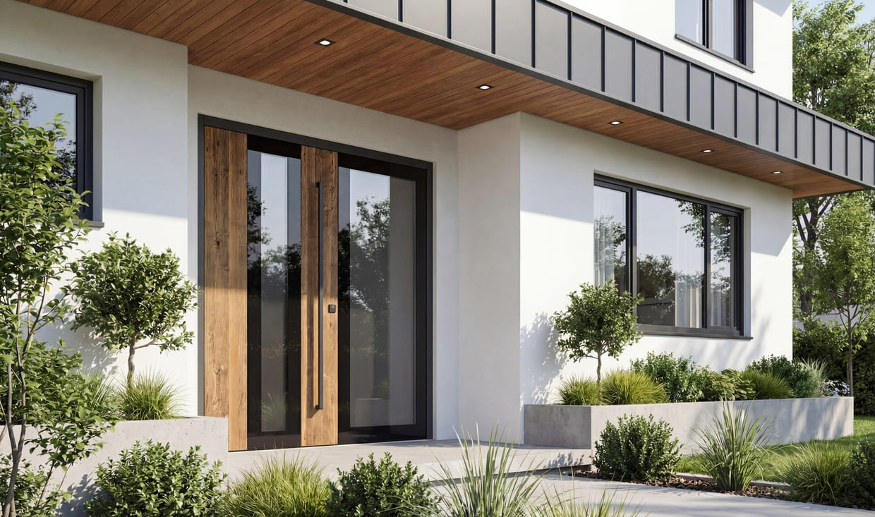 Abb. moderne Holzhaustüre in helbraun mit 2 Glaseinsätze in einem modernen Einfamilienhaus.