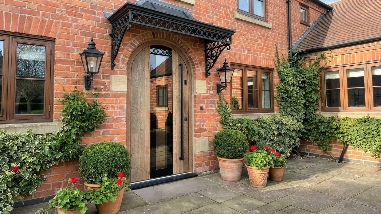 Abb. moderne Holzhaustüre in helbraun oben halbrund mit einem Glaseinsatz mittig in einem Einfamilienhaus mit Sichtziegel.