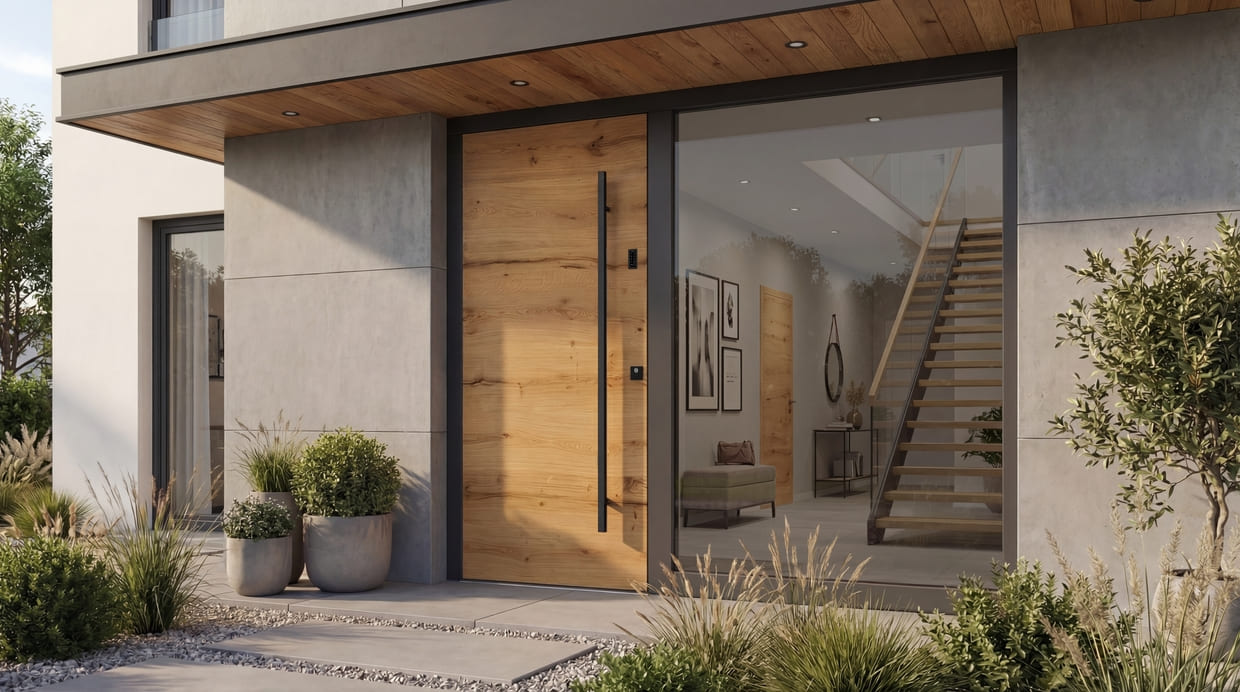 Abb. moderne Holzhaustüre in helbraun mit einer großen Glasscheibe rechts davon in einem modernen Einfamilienhaus.