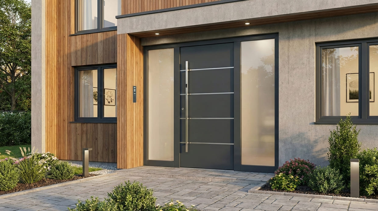 Abb. Holz-Alu-Haustüre in dunkelgrau mit links und rechts große Glaseinsätze und Edelstahlgriff sowie Edelstahleinlagenstreifen in einem modernen Einfamilienhaus mit Beton und Holz-Fassade