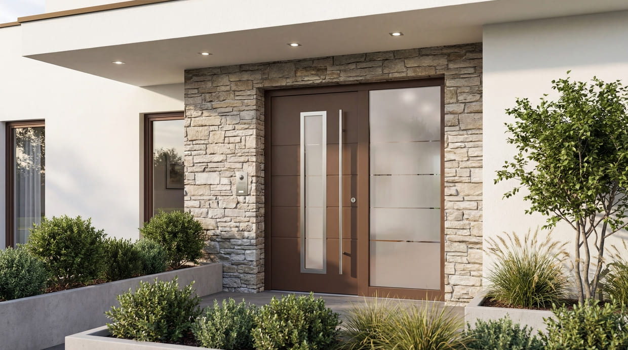 Abb. Holz-Alu-Haustüre in rostbraun mit Glaseinsatz mittig und rechts großer Glaseinsatz mit Edelstahlgriff in einem modernen Einfamilienhaus mit weißem Putz und Klinker-Fassade