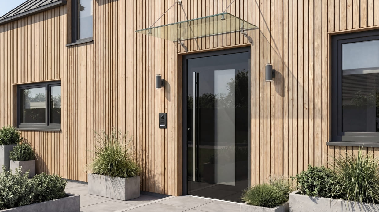 Abb. Holz-Alu-Haustüre in dunkelbraun mit Glaseinsatz mittig und mit Edelstahlgriff in einem modernen Einfamilienhaus mit heller Holz-Fassade