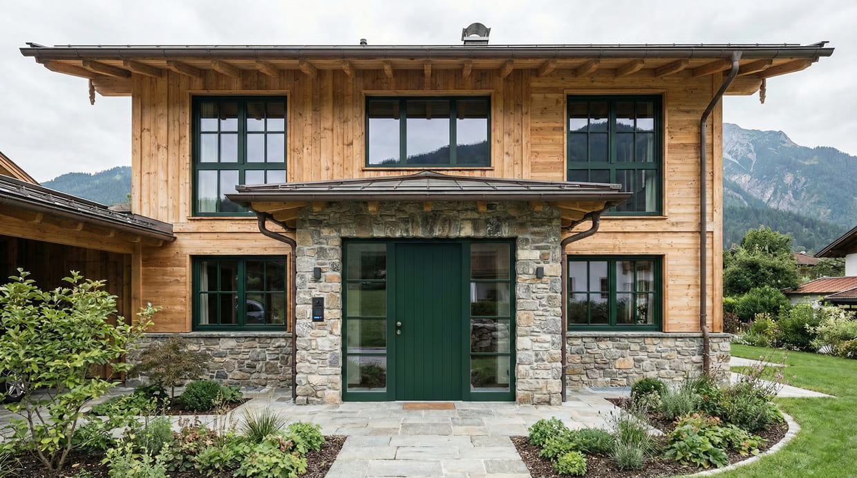 Abb. Holz-Alu-Haustüre in dunkelgrün mit links und rechts Glaseinsätzen in einem modernen Einfamilienhaus in einer Berglandschaft