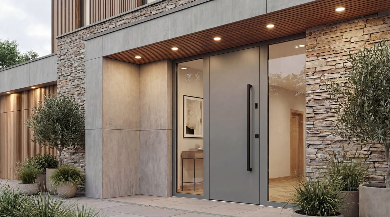 Abb. Holz-Alu-Haustüre in mittelgrau mit links und rechts große Glaseinsätze in einem modernen Einfamilienhaus mit Beton und Klinker-Fassade