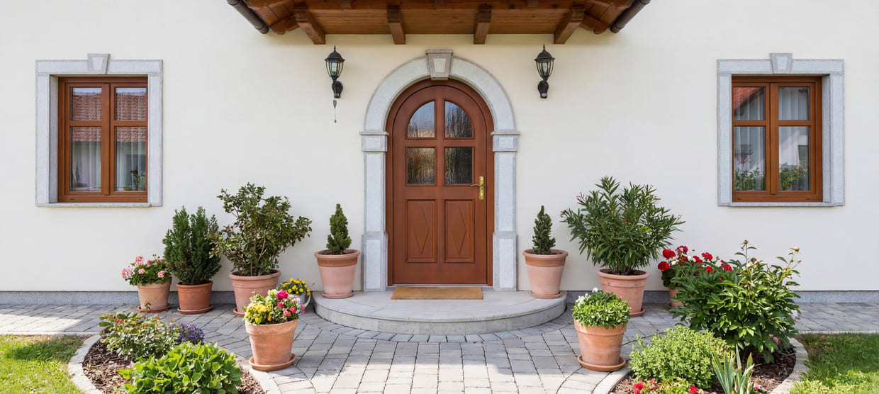 Abb. Holzhaustüre in braun oben halbrund mit 4 Glaseinsätze in einem traditionellen Einfamilienhaus.