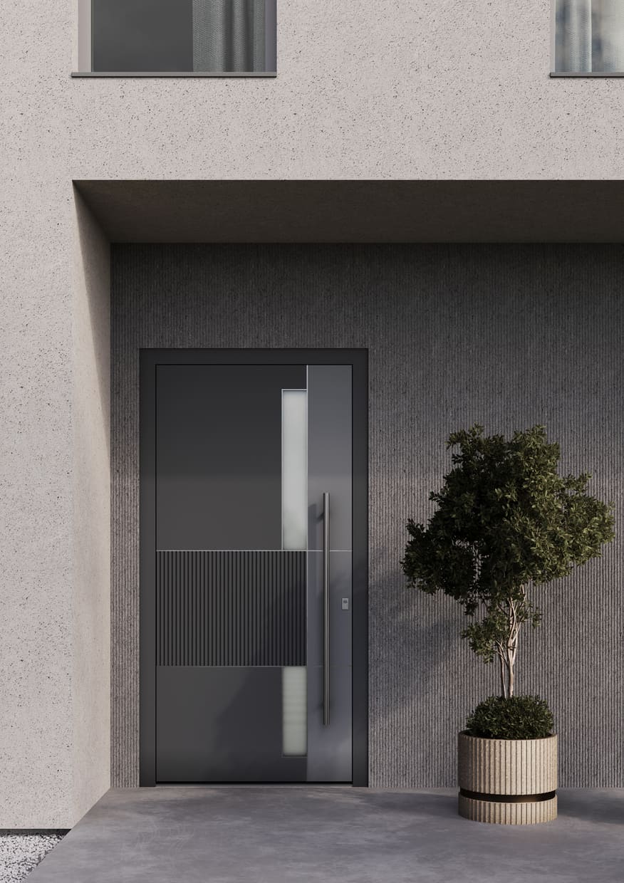 Abb. Aluminium-Haustüre mittelgrau mit Edelstahl-Griff längs und schmalen langen Glaseinsatz.