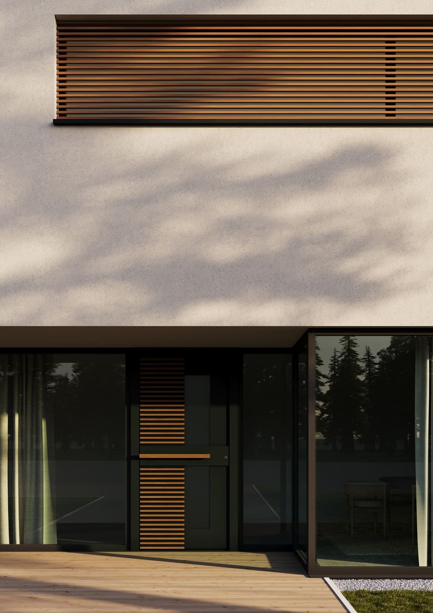 Abb. Aluminium-Haustüre schwarz mit hellbraunen langem Holzgriff quer und 36 kurze Holzstreifen quer.
