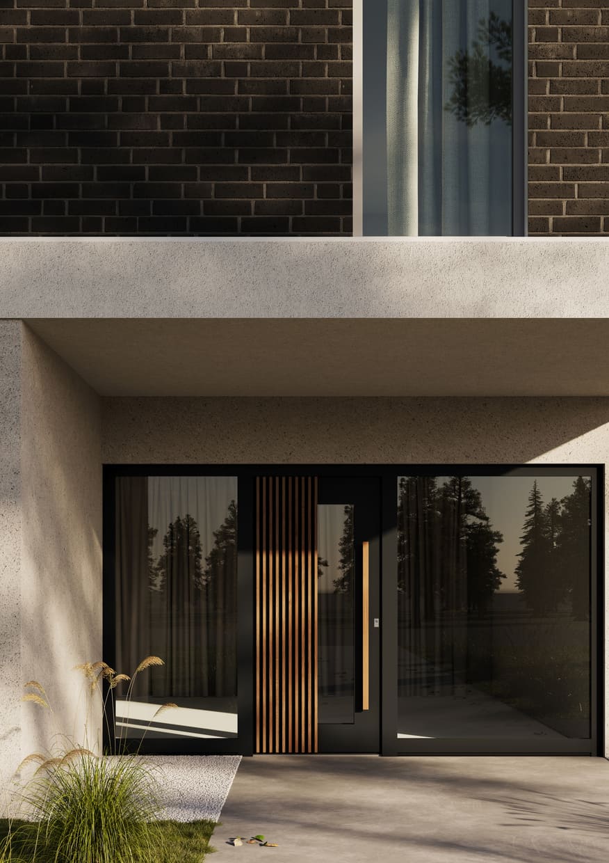 Abb. Aluminium-Haustüre schwarz mit hellbraunen langem Holzgriff und 10 lange Holzstreifen.