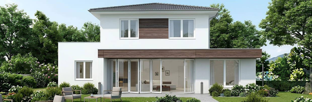 Abb. Die Falt-Schiebetüren-Anlage in einem moderen weißen Einfamilienhaus ist vom Garten aus zu sehen. Die Türen sind weiß und halb geöffnet. Man kann in das Wohnzimmer sehen.