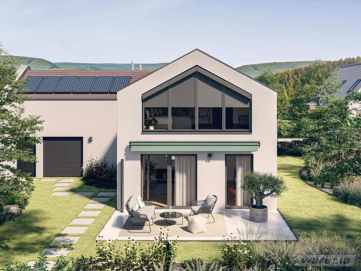 Abb. Modernes Einfamilienhaus mit Rollladensysteme in Dreickfensterfront von Firma Warema